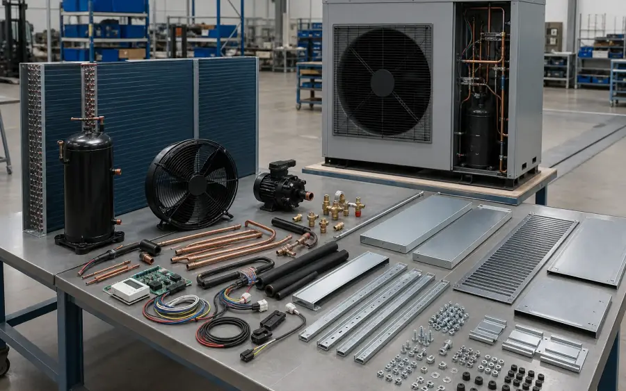 AI category visualization · not factory photography: Air-source Heat Pump KD Components