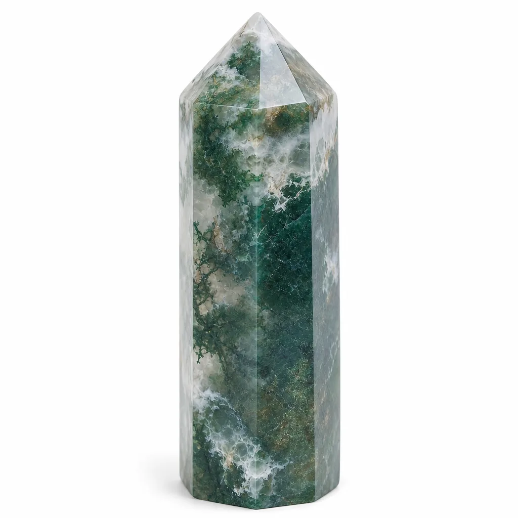 Premium Handcrafted Moss Agate Pillar – Chakra Healing & Energy Decor for Meditation, Yoga, Office, Living Room, Altar, Spiritual Gift