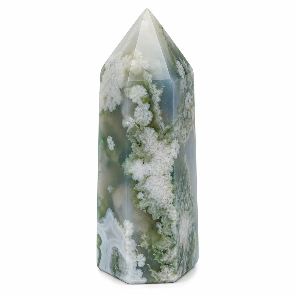 Premium Green Sakura Agate Pillar – Handcrafted Healing & Chakra Energy for Meditation, Yoga, Altar Decor