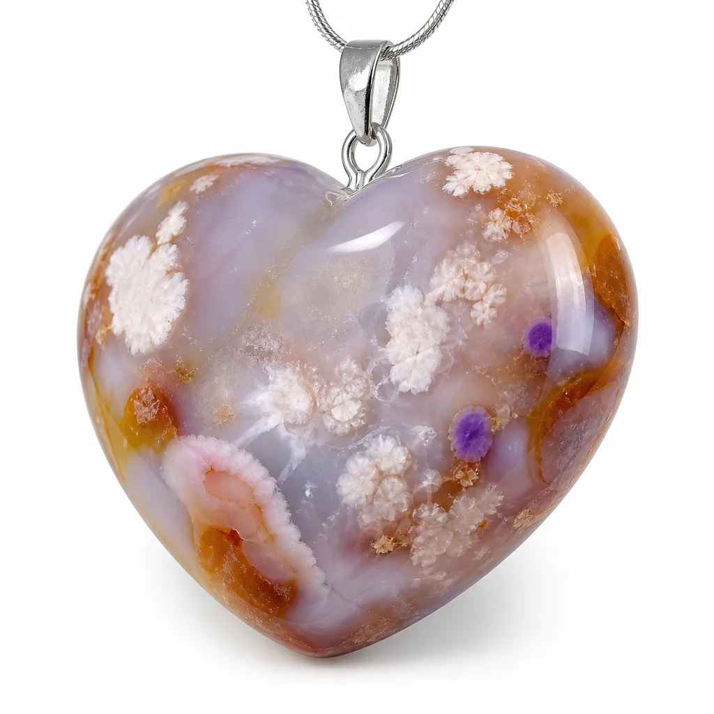 Cherry Blossom Agate Heart | Premium Metaphysical Chakra Healing & Protection for Meditation, Yoga, Home, Office, Altar | Purple Label