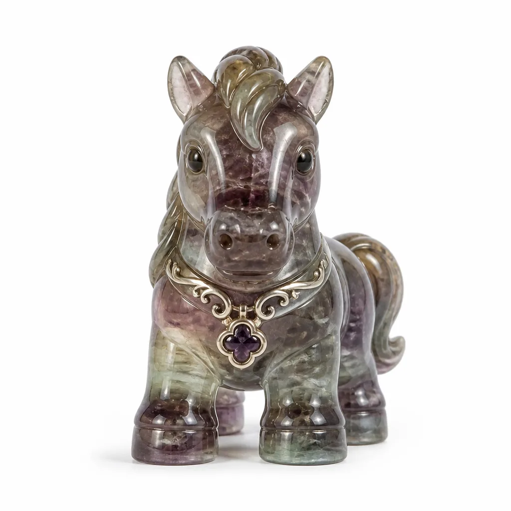 Fluorite Zodiac Horse Crystal 6cm – Chakra Healing Energy Protection Decor for Meditation, Office & Altar | Premium Metaphysical Collection
