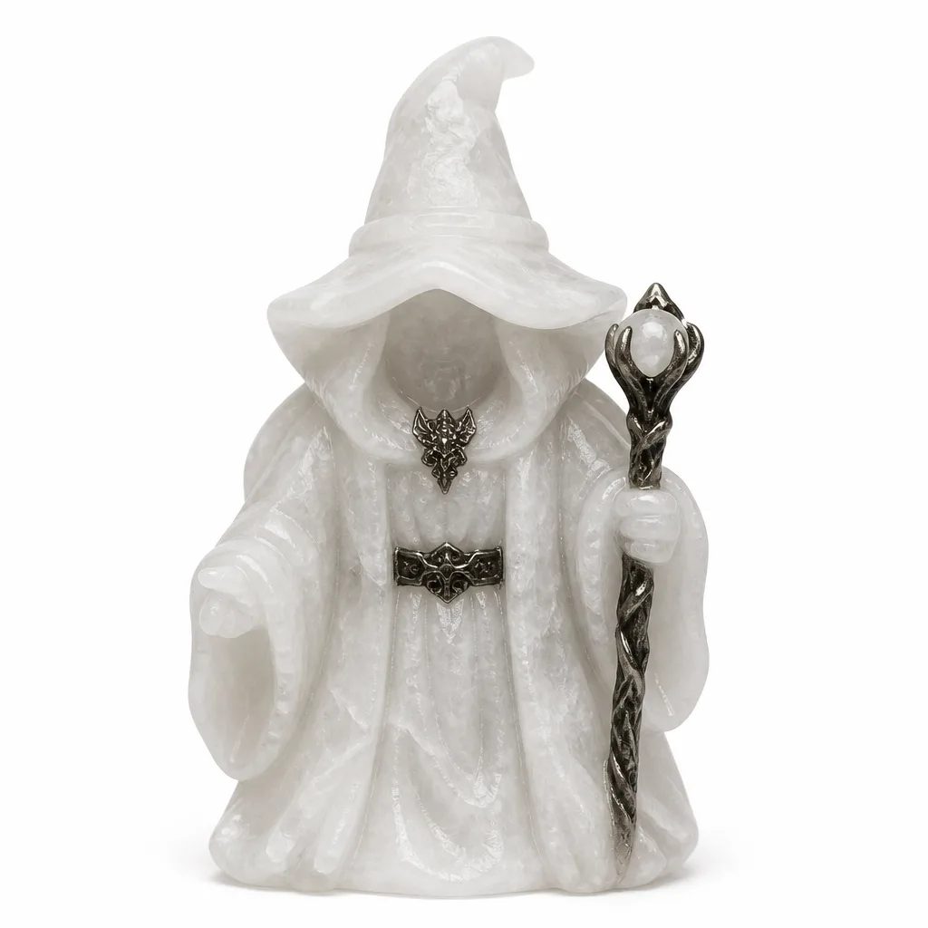 Premium White Marble Dark Gothic Wizard Statue – Handcrafted Healing & Chakra Energy for Meditation, Altar, Office Decor