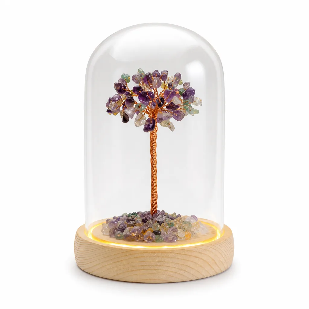 Crystal Tree Glass Dome Chakra Energy Decor for Altar & Office | Premium Metaphysical