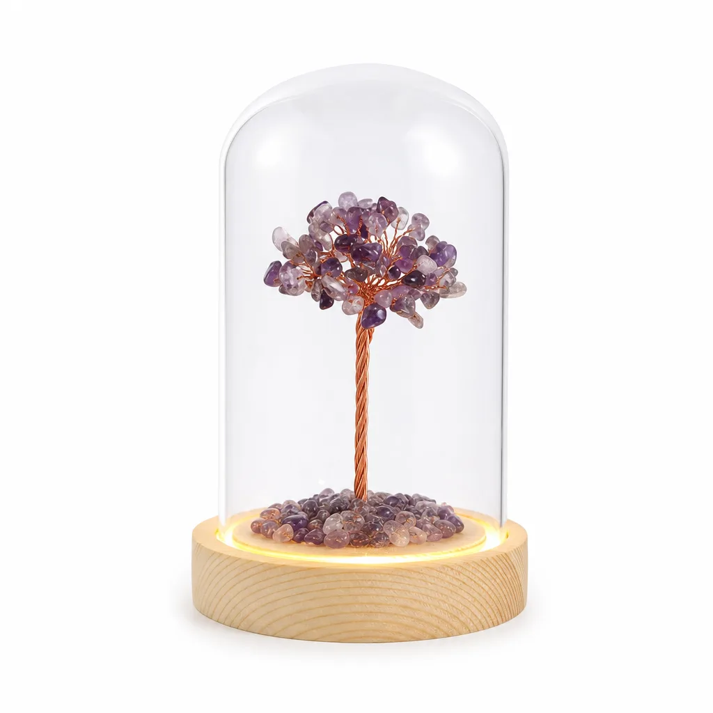 Natural Crystal Tree with Glass Dome & Illuminated Base – Handcrafted Metaphysical Chakra Healing Energy Protection Decor for Meditation, Yoga, Bedroom, Office, Living Ro