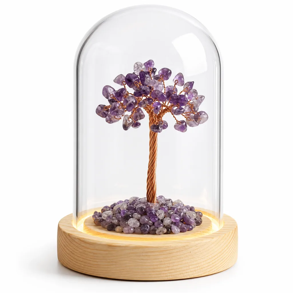 Natural Crystal Tree with Glass Dome & Illuminated Base – Handcrafted Metaphysical Chakra Healing Energy Protection Decor for Meditation, Yoga, Bedroom, Office, Living Ro