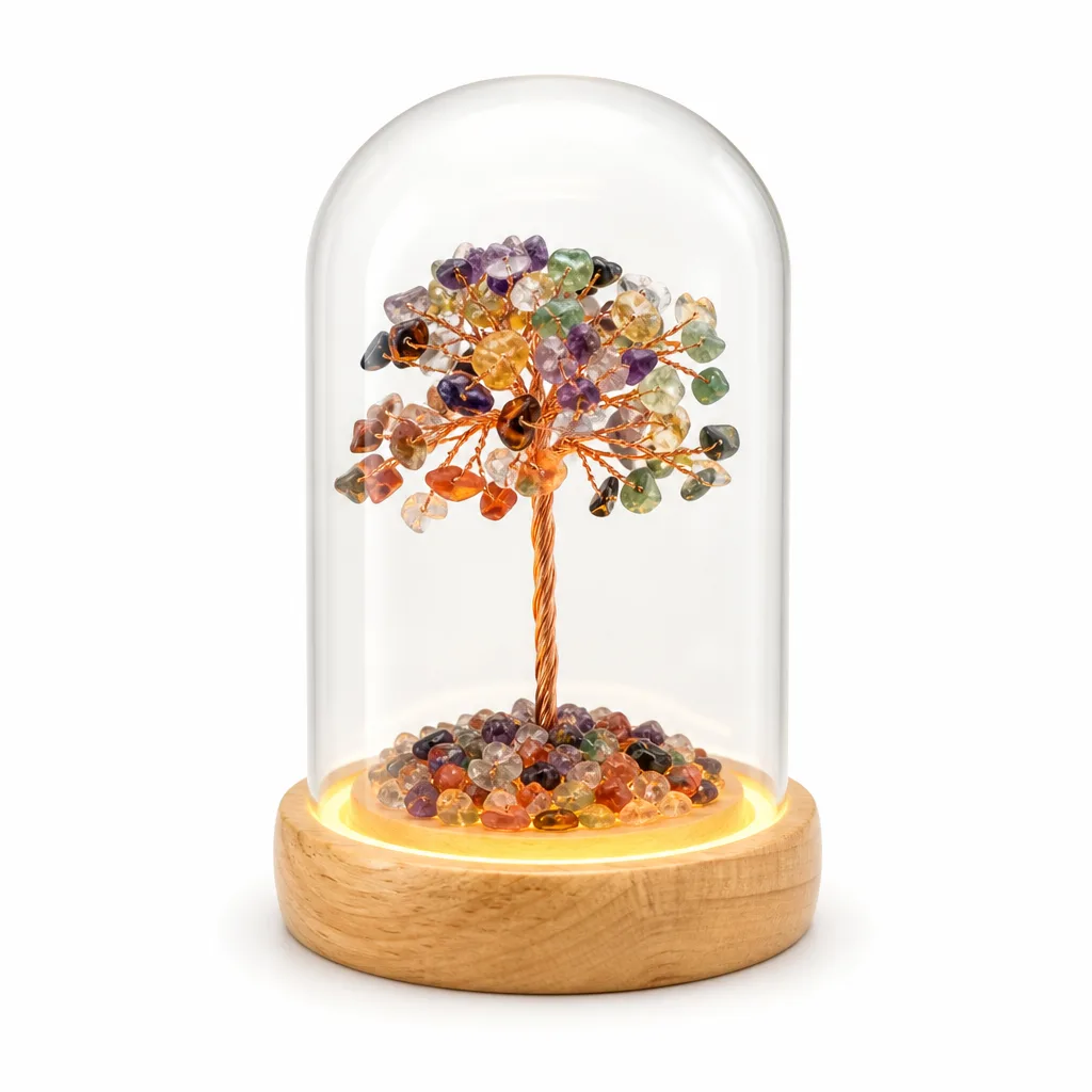 Premium Natural Crystal Tree Glass Dome Chakra Energy Protection Decor for Meditation, Office & Altar | Handcrafted Metaphysical Collection