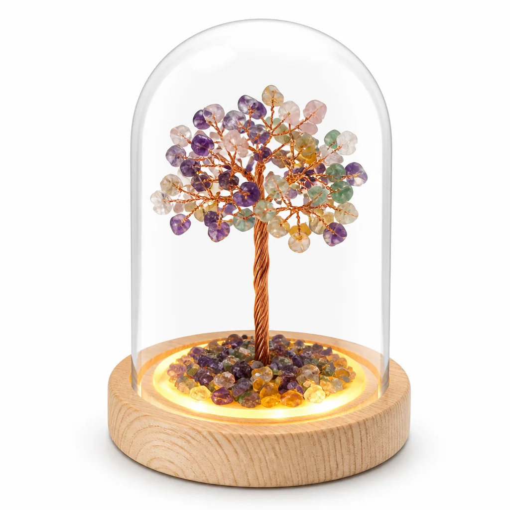 Premium Natural Crystal Tree Glass Dome Chakra Energy Protection Decor for Meditation, Office & Altar | Handcrafted Metaphysical Collection