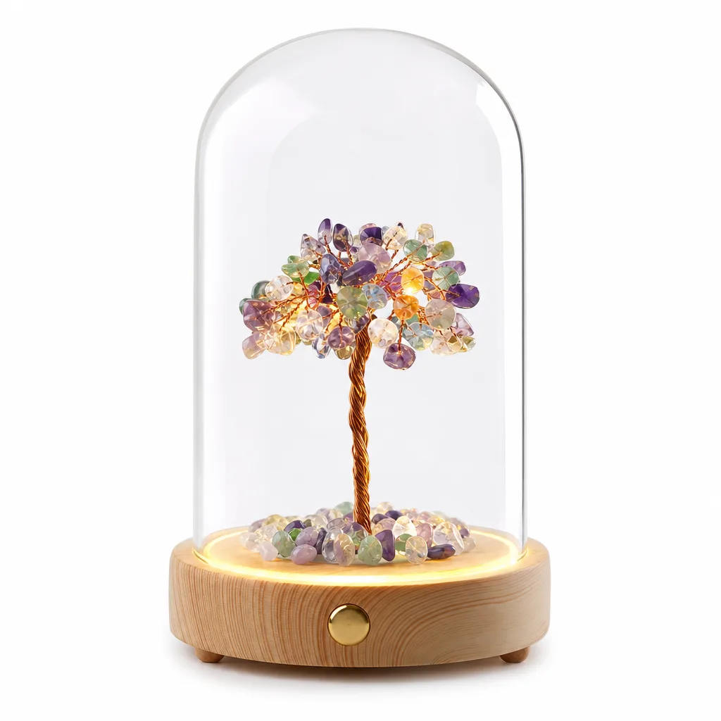 Natural Crystal Tree with Glass Dome – Handcrafted Healing Chakra Energy Decor for Meditation, Office & Spiritual Gift