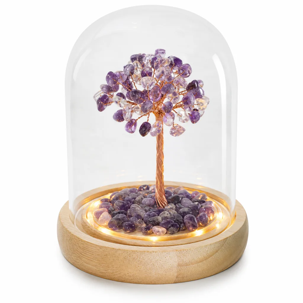 Natural Crystal Tree with Glass Dome – Handcrafted Healing Chakra Energy Decor for Meditation, Office & Spiritual Gift