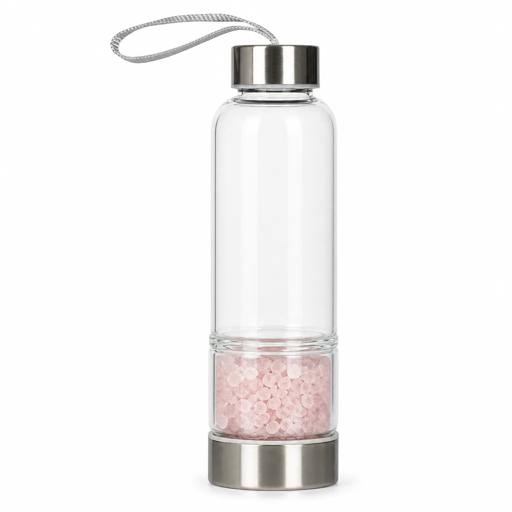 Crystal Chips Energy Glass Cup with Metal Lid – Handcrafted Chakra Healing Drinkware for Meditation, Yoga & Spiritual Gift Settings