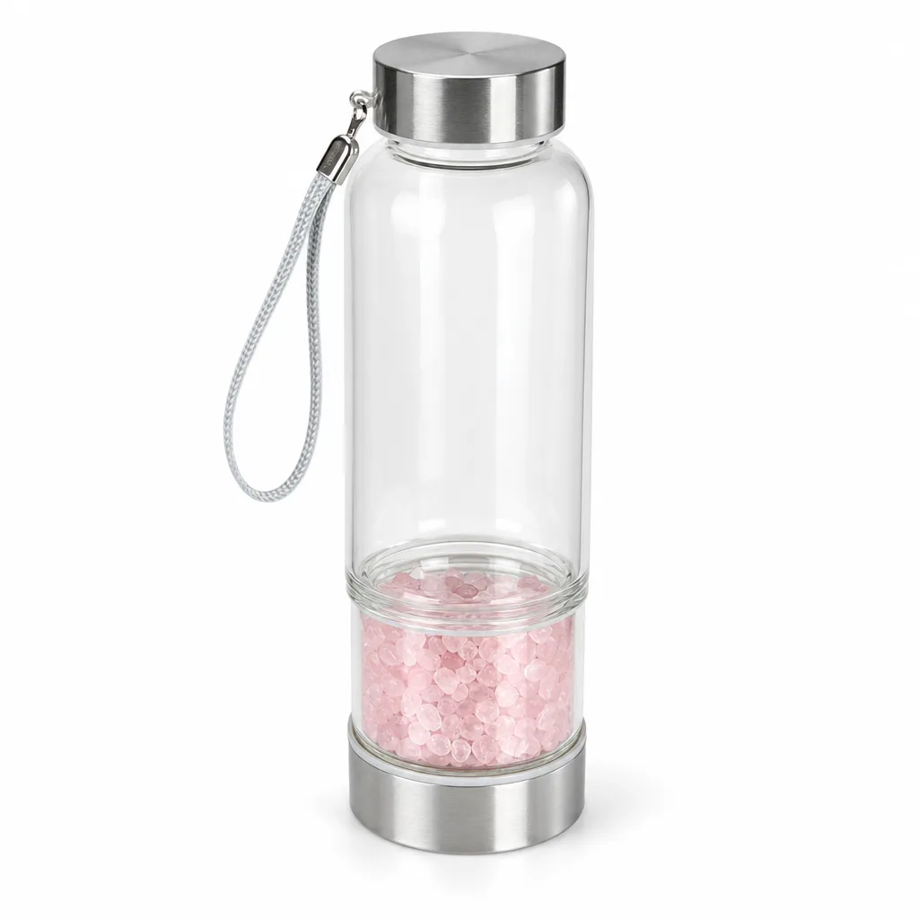 Crystal Chips Energy Glass Cup with Metal Lid – Handcrafted Chakra Healing Drinkware for Meditation, Yoga & Spiritual Gift Settings