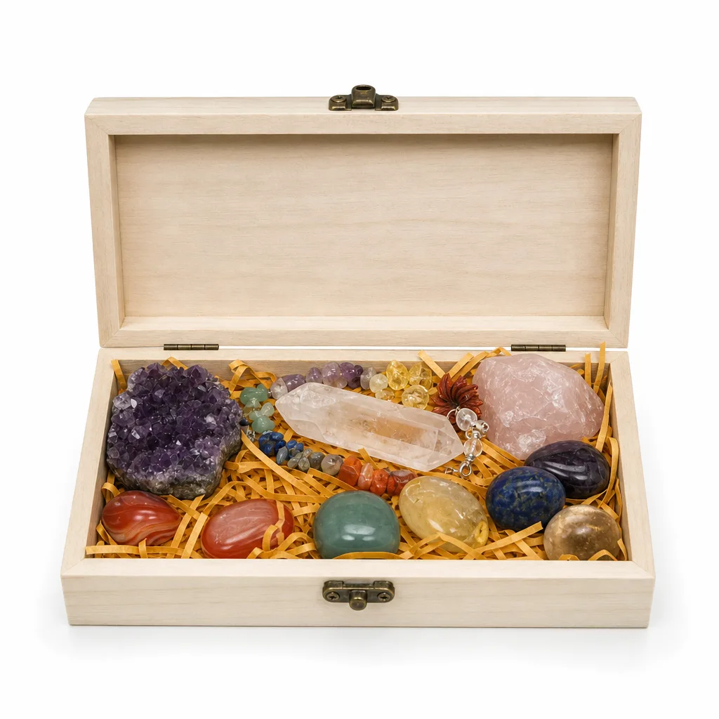 Premium Mineral Wooden Box – Handcrafted Chakra Healing Energy for Meditation & Altar Decor