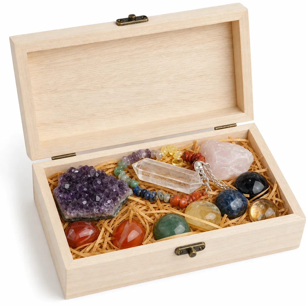 Premium Mineral Wooden Box – Handcrafted Chakra Healing Energy for Meditation & Altar Decor