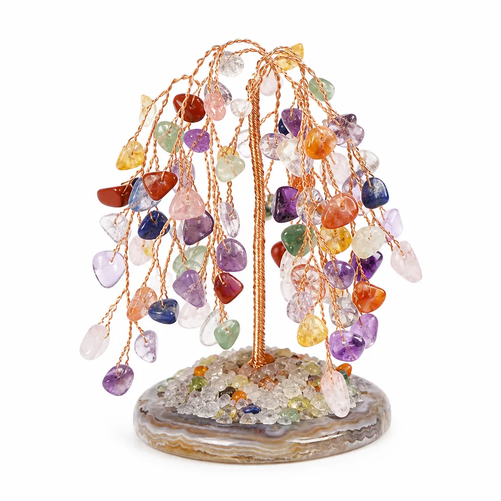 Crystal Tree Decor on Agate Base – Handcrafted Chakra Healing Energy for Meditation, Yoga, Living Room & Spiritual Gift Collection