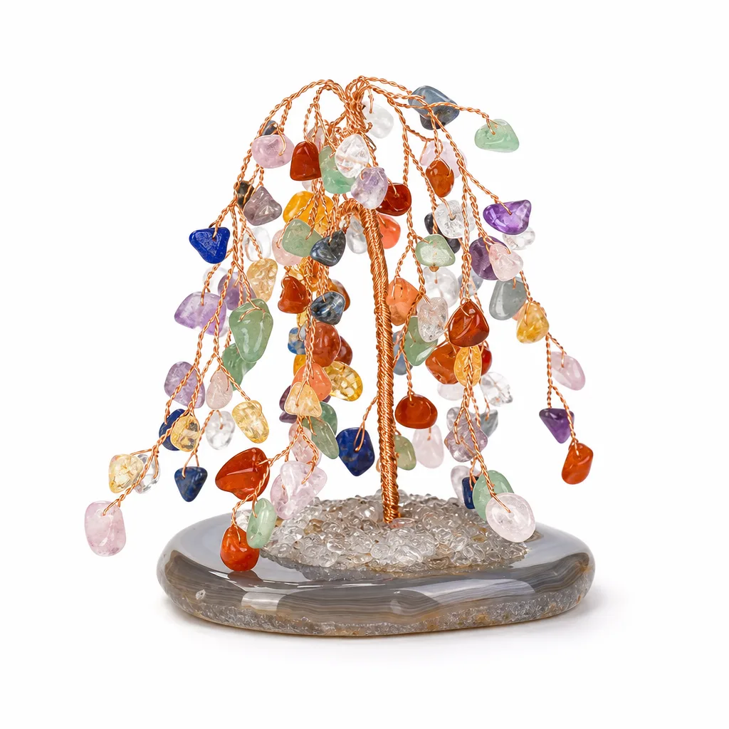 Crystal Tree on Willow Agate Base – Handcrafted Chakra Healing Energy Decor for Meditation, Yoga, Office & Spiritual Gift