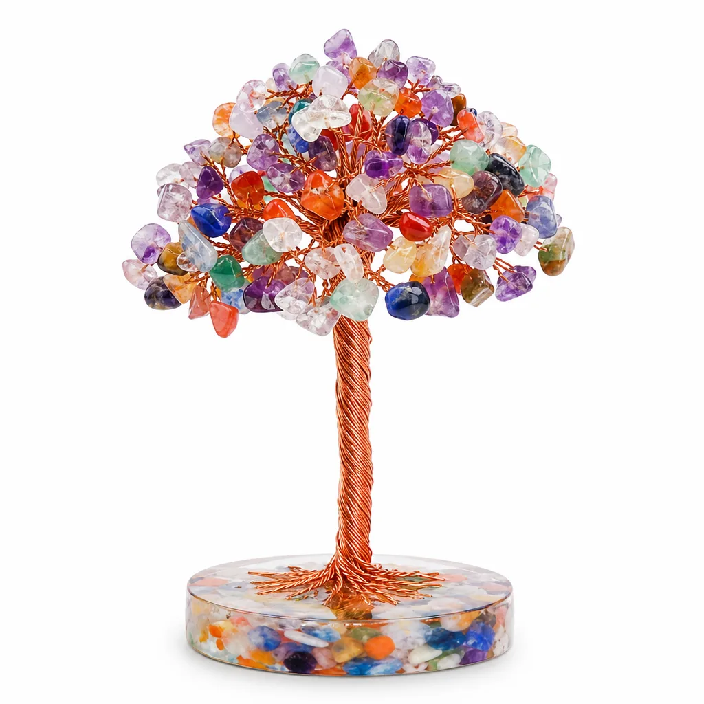 Colored Agate Slice Crystal Tree on Resin Base – Handcrafted Chakra Healing Decor for Meditation, Yoga, and Executive Desk