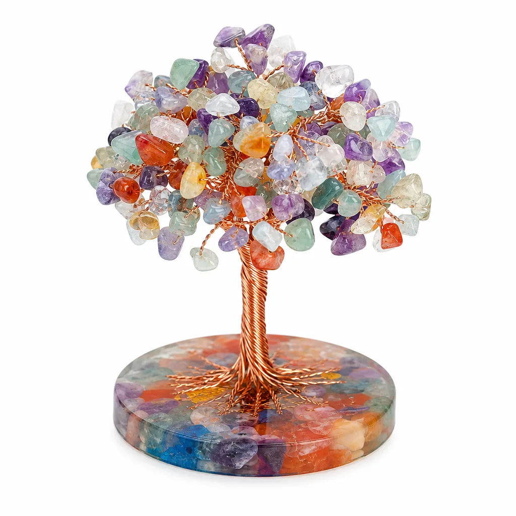 Colored Agate Slice Crystal Tree on Resin Base – Handcrafted Chakra Healing Decor for Meditation, Yoga, and Executive Desk