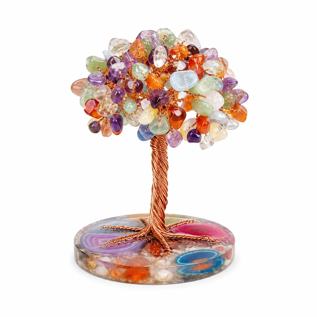 Colored Agate Slice Crystal Tree on Round Resin Base – Handcrafted Healing Chakra Decor for Meditation, Yoga, Bedroom, Office, and Spiritual Gift Collection