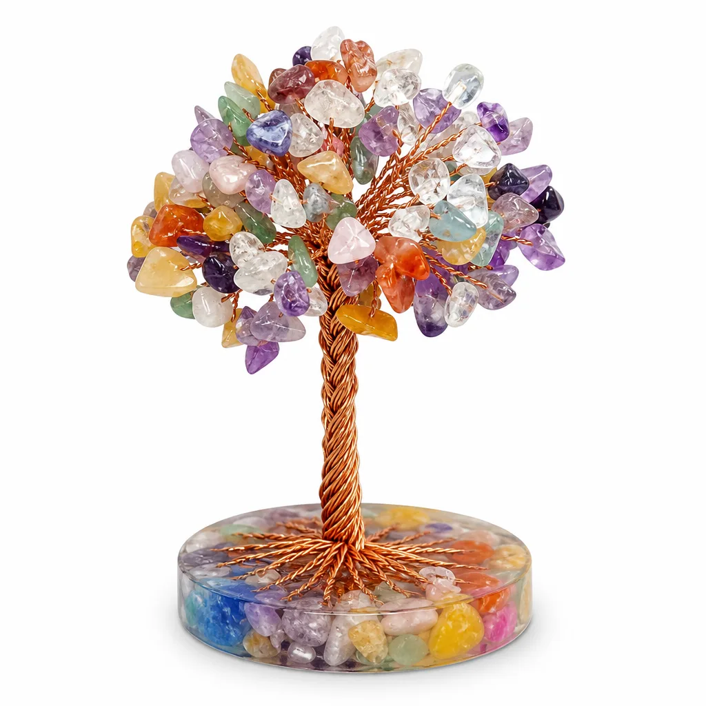Colored Agate Slice Crystal Tree on Round Resin Base – Handcrafted Healing Chakra Decor for Meditation, Yoga, Bedroom, Office, and Spiritual Gift Collection