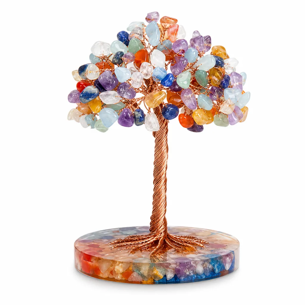 Premium Handcrafted Crystal Tree with Colored Agate Slice Base for Chakra Healing Energy Protection Decor | Meditation, Yoga, Bedroom, Office, Living Room, Wellness Studi
