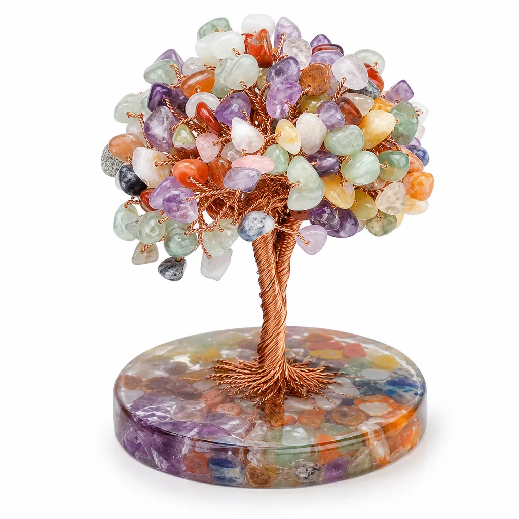 Premium Handcrafted Crystal Tree with Colored Agate Slice Base for Chakra Healing Energy Protection Decor | Meditation, Yoga, Bedroom, Office, Living Room, Wellness Studi