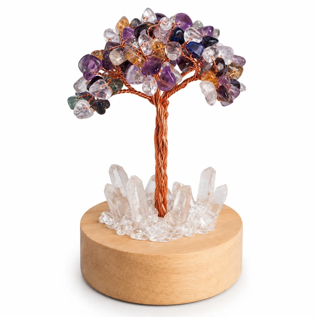 Creative Crystal Tree Night Light with Crushed Stone & Crystal Spikes, Chakra Healing Energy Protection Decor for Meditation, Yoga, Bedroom, Office & Altar | Premium Hand