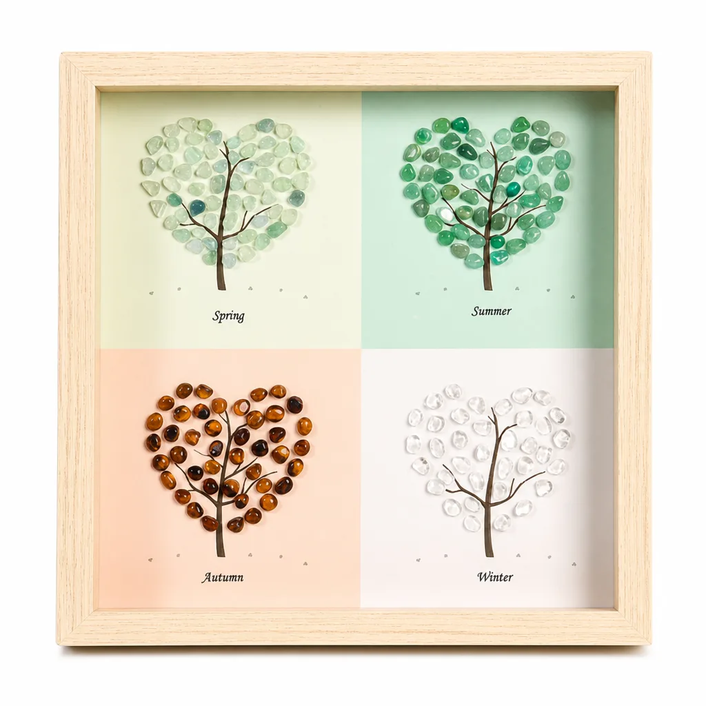 Four-Season Tree Crystal Stone Frame – Handcrafted Premium Chakra Healing Energy Decor for Meditation Yoga Bedroom Office Altar Gift