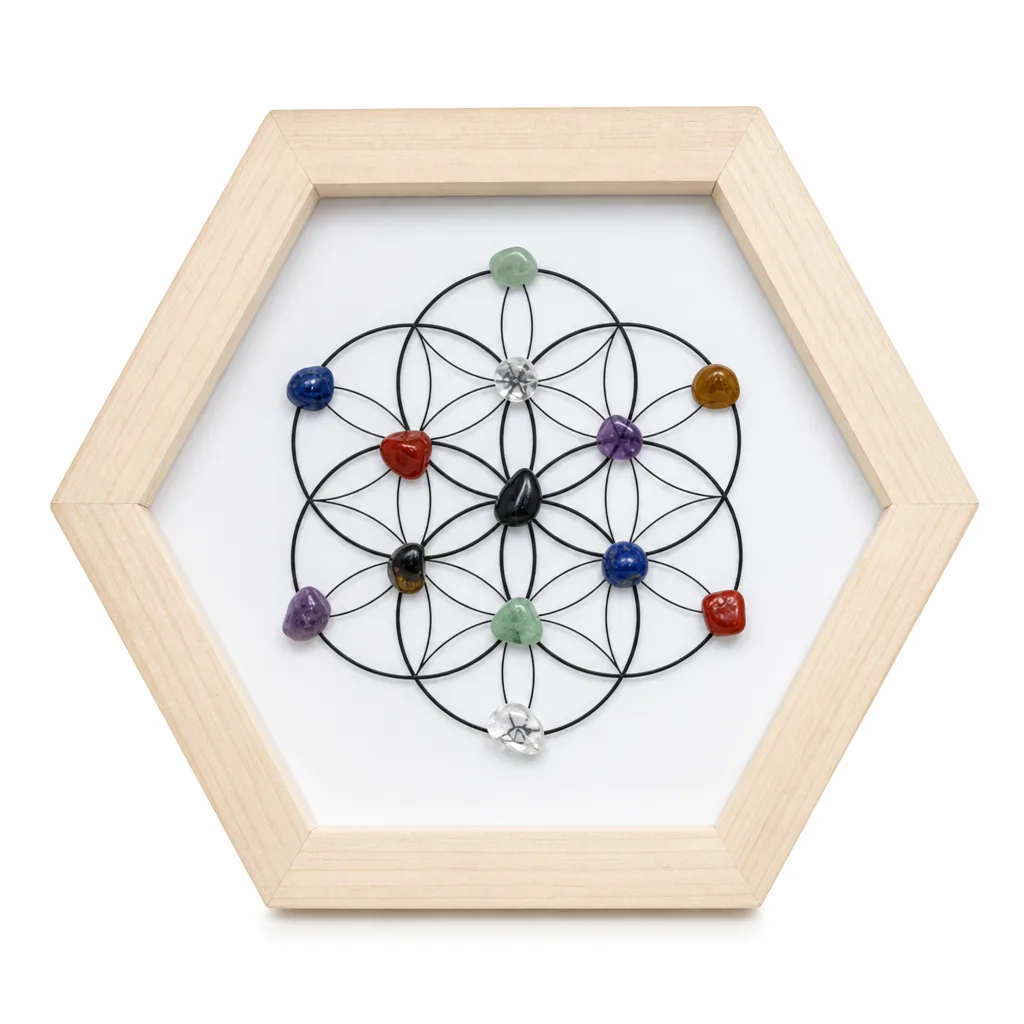 Premium Handcrafted Hexagonal Crystal Flower of Life Photo Frame for Chakra Healing, Meditation, and Spiritual Decor