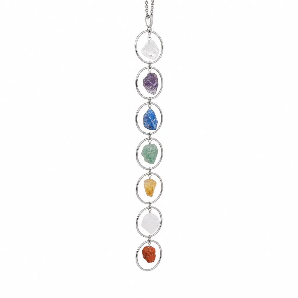 Seven Chakra Raw Stone Silver Pendant for Healing Energy Protection Meditation Yoga Altar Decor