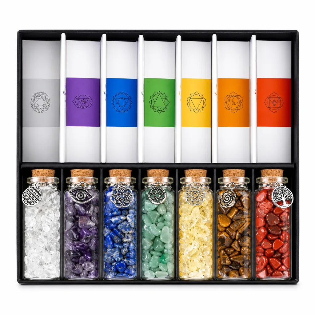 Premium Handcrafted Crystal Seven Chakras Healing Energy Bottle for Meditation & Altar Decor image 1 Premium Handcrafted Crystal Seven Chakras Healing Energy Bottle for Meditation & Altar Decor