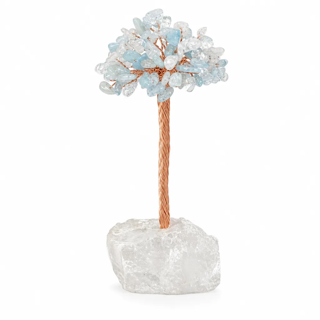 Clear Quartz and Aquamarine Crystal Tree Handcrafted Chakra Healing Energy Decor for Meditation Yoga Living Room Altar Gift