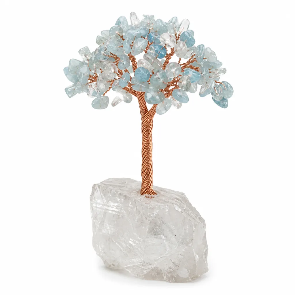 Clear Quartz and Aquamarine Crystal Tree Handcrafted Chakra Healing Energy Decor for Meditation Yoga Living Room Altar Gift