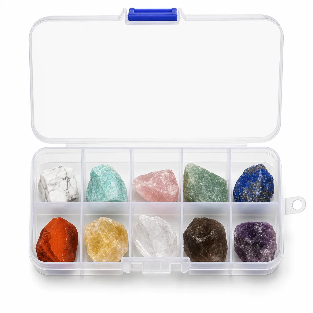 Raw Stone Mineral Specimen Box with Ten Materials for Chakra Healing Energy, Meditation, and Premium Spiritual Decor