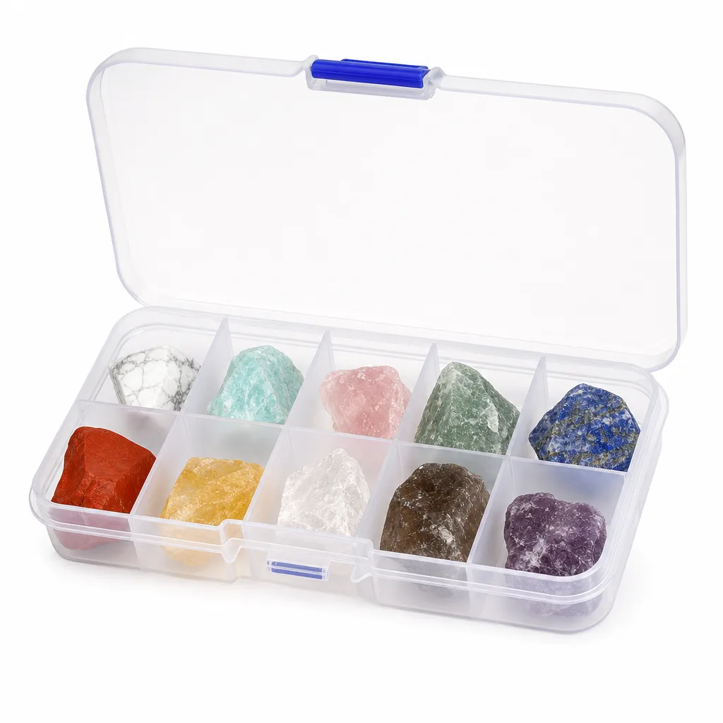 Raw Stone Mineral Specimen Box with Ten Materials for Chakra Healing Energy, Meditation, and Premium Spiritual Decor