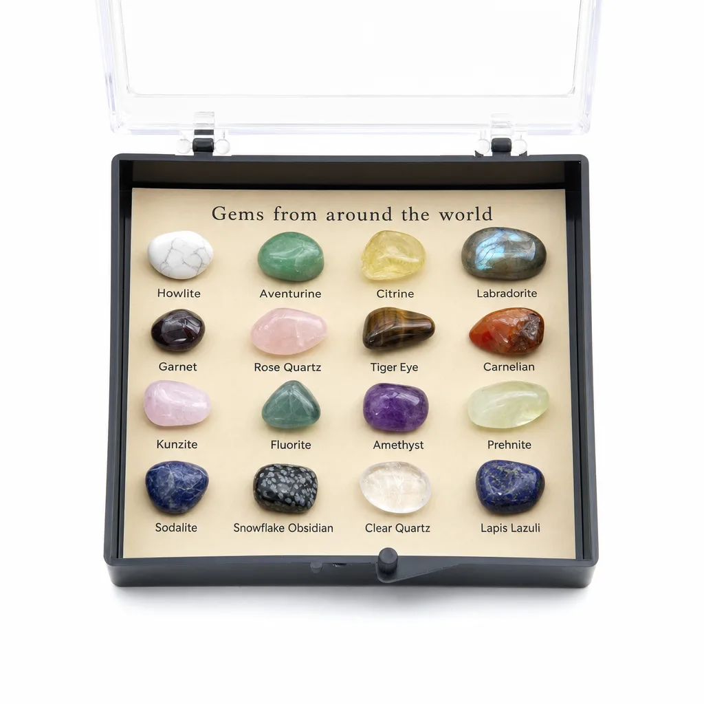 Premium Handcrafted 16-Mineral Crystal Box for Chakra Healing & Energy in Meditation, Yoga & Home Decor Collection