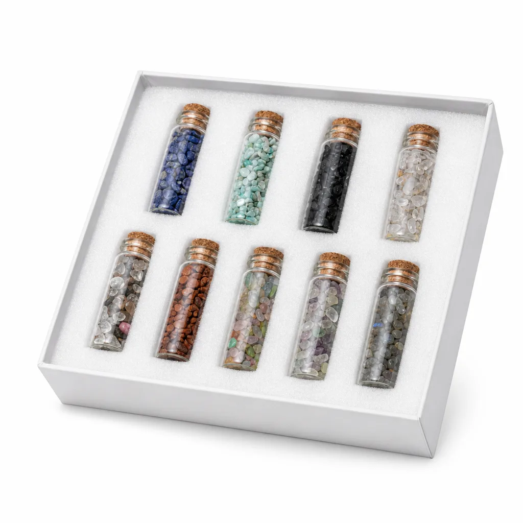 Gravel Bottle Gift Box – Handcrafted Healing Chakra Energy Crystals for Meditation, Yoga, Bedroom & Spiritual Altar Decor