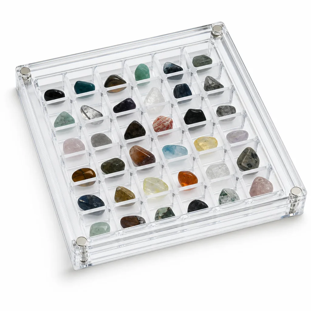 Acrylic Crystal Mineral Specimen Box for Chakra Healing Energy Protection in Meditation and Home Decor Collection