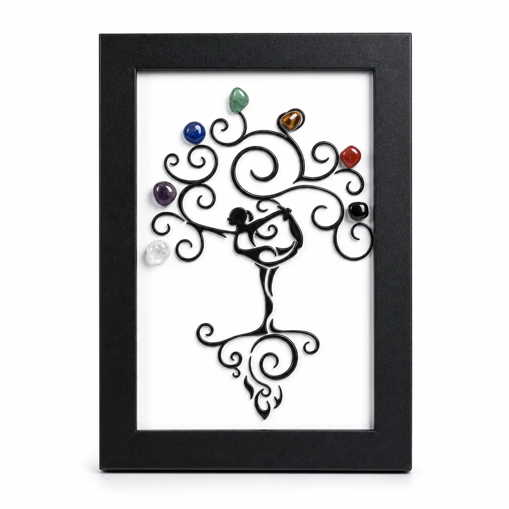 Seven Chakras Tree Crystal Stone Frame – Handcrafted Chakra Healing Energy Decor for Meditation, Yoga, Living Room & Spiritual Gift
