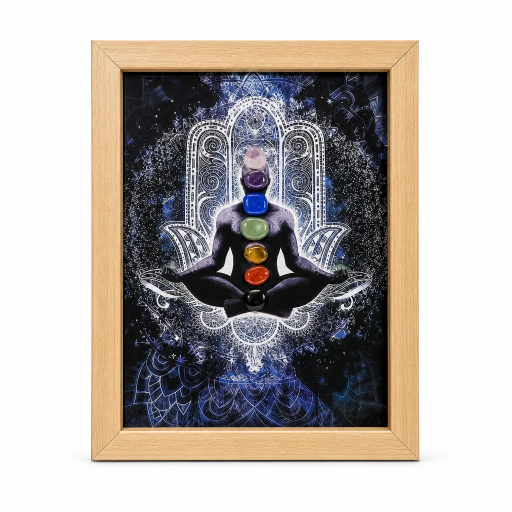 Premium Handcrafted Seven Chakras Crystal Picture Frame for Healing Energy and Protection in Meditation, Yoga, Bedroom, Office, Living Room, Altar, and Spiritual Gift Set