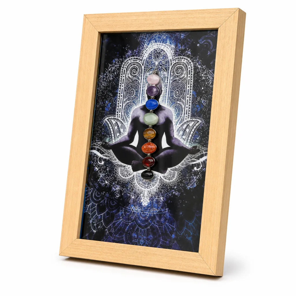 Premium Handcrafted Seven Chakras Crystal Picture Frame for Healing Energy and Protection in Meditation, Yoga, Bedroom, Office, Living Room, Altar, and Spiritual Gift Set