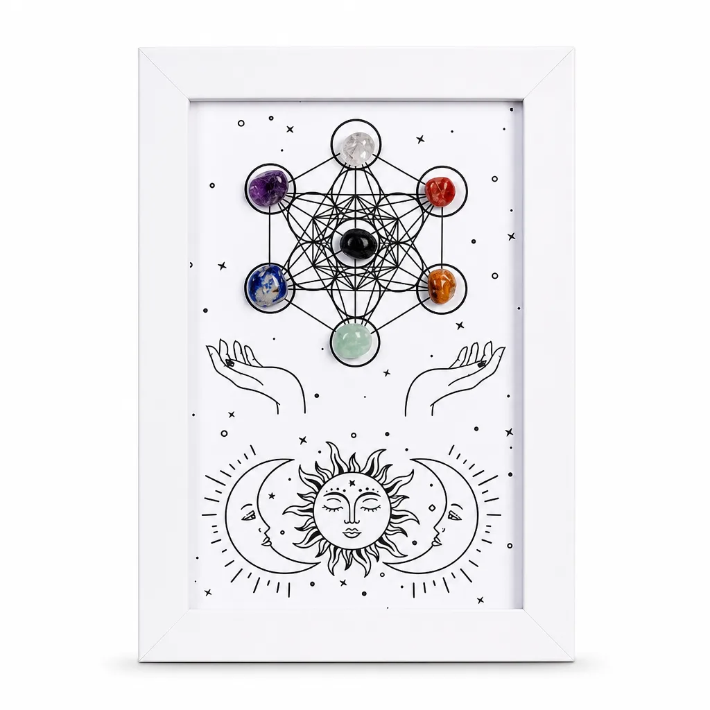 Metatron Hexagonal Raw Crystal Photo Frame – Handcrafted Chakra Healing Energy Decor for Meditation Yoga Living Room Wellness Studio Executive Desk